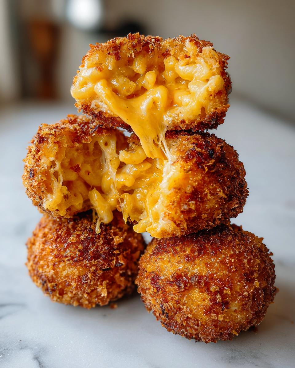 A stack of golden brown fried mac and cheese balls, with the top two cut open showing melted cheese stretching.