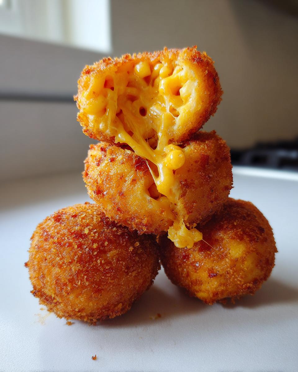 Close-up of three golden brown fried mac and cheese balls stacked, with the top one broken open showing melted cheese stretch.