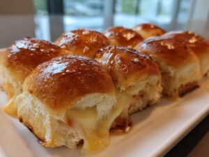 Close-up of freshly baked ham and cheese sliders with melted cheese oozing out and a shiny glaze on top.