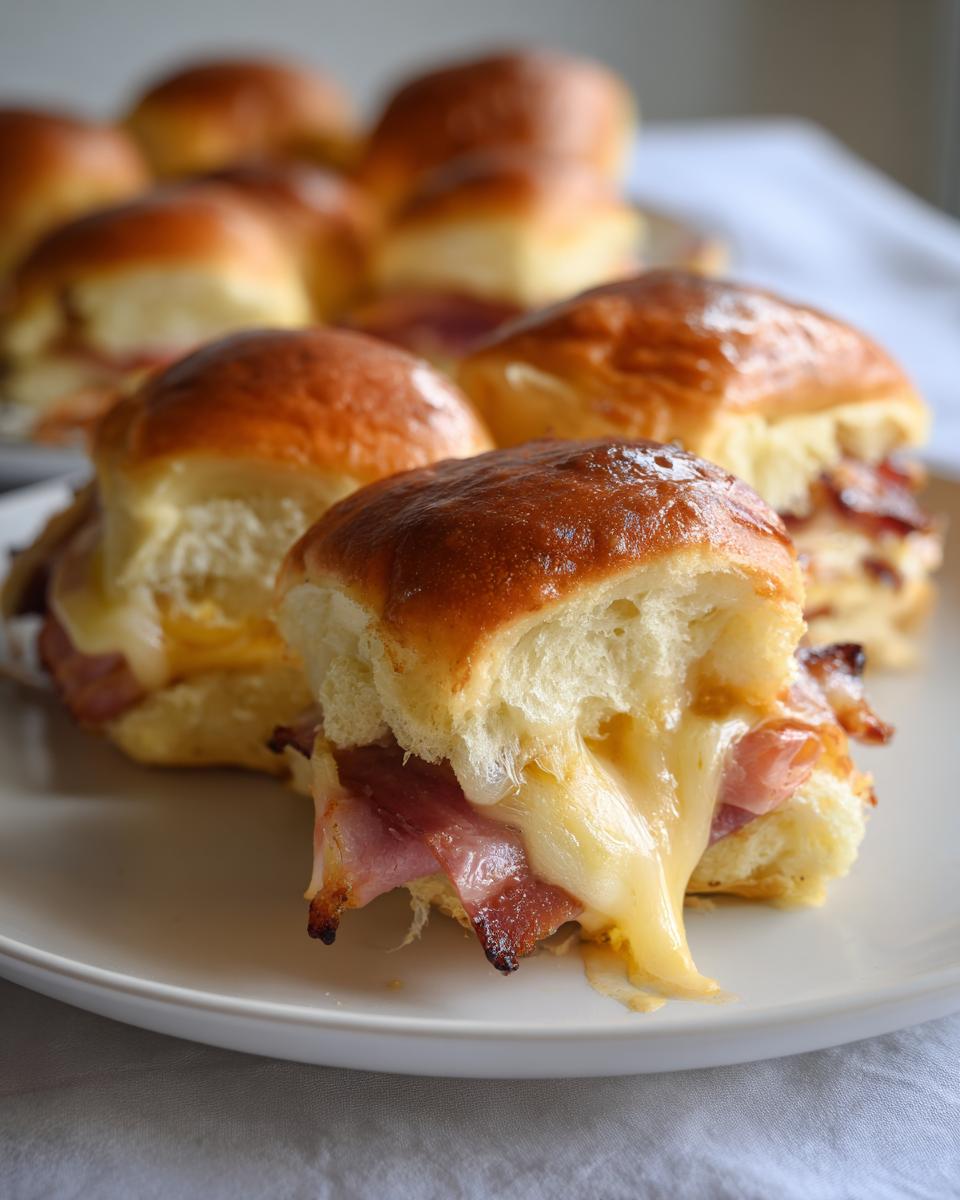 Close-up of a gooey ham and cheese slider cut in half, showing melted cheese dripping over the ham.