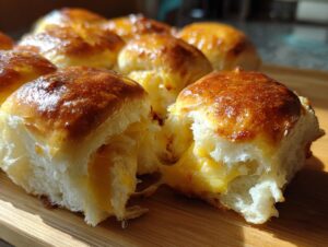 Close-up of gooey, melted cheese stretching between two halves of a golden brown mini grilled cheese hawaiian rolls.