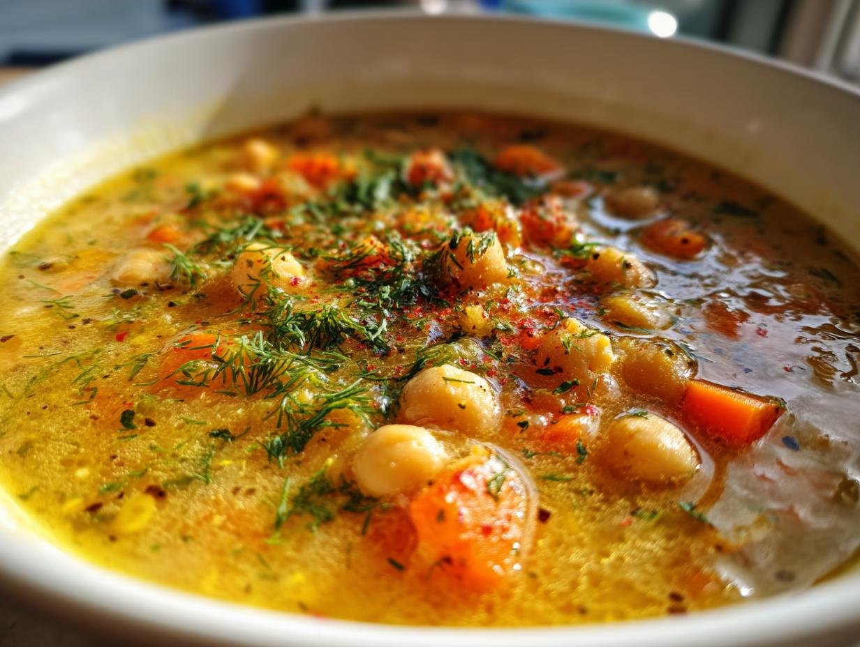A close-up, macro shot of vibrant Greek chickpea soup, featuring chickpeas, carrots, and topped with fresh dill and red pepper flakes.