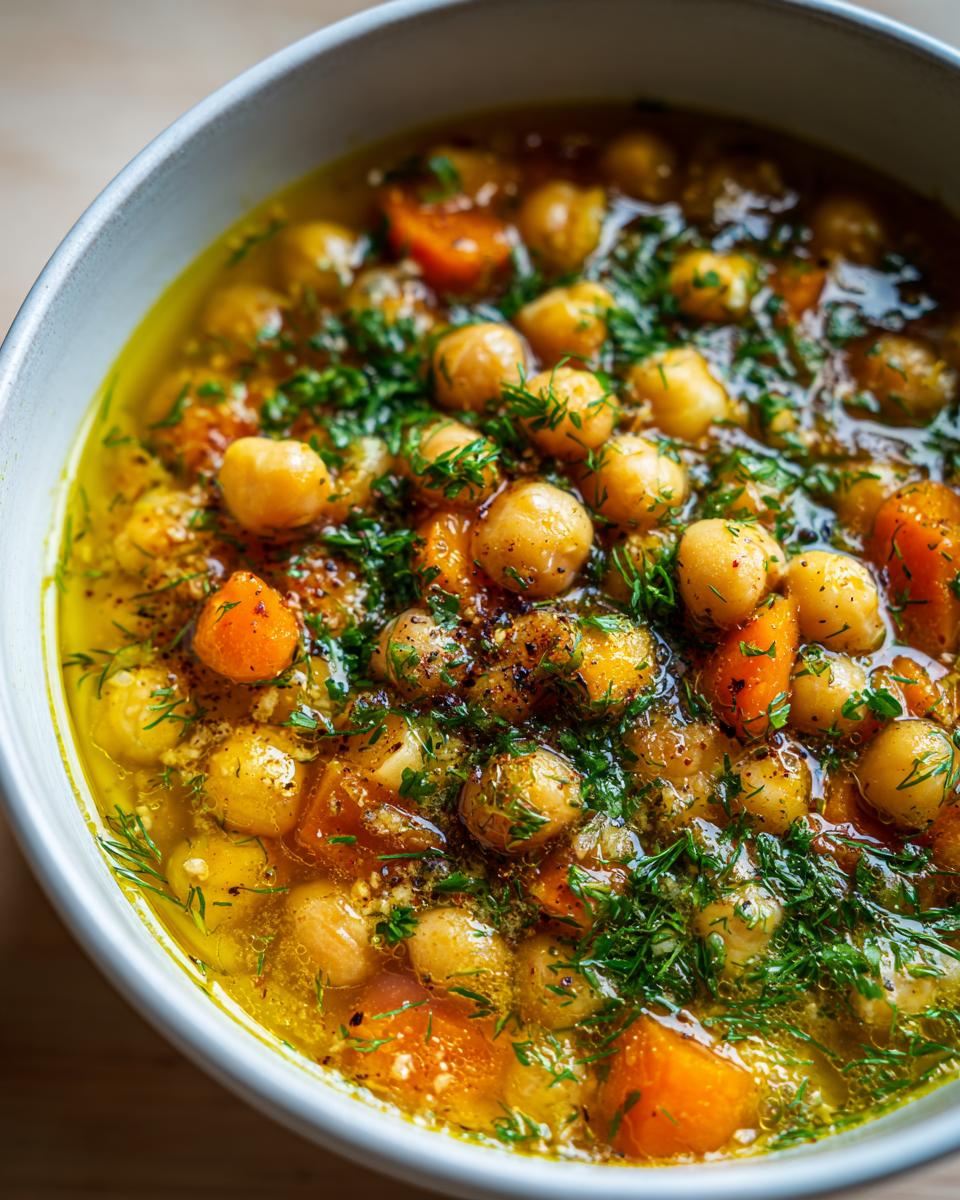 Close-up of a white bowl filled with vibrant Greek chickpea soup, featuring chickpeas, carrots, and fresh dill.