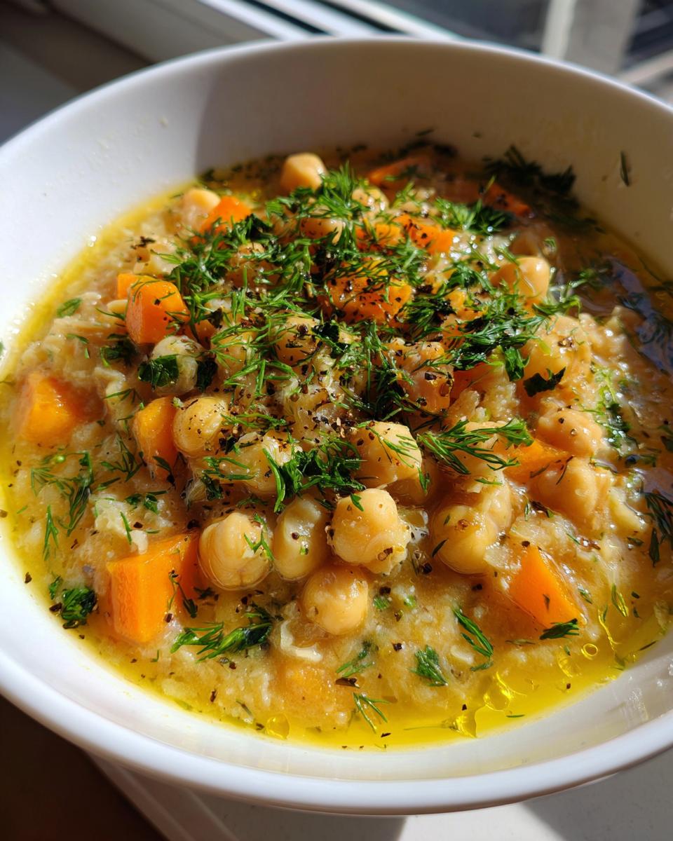 Close-up of a white bowl filled with thick Greek chickpea soup, featuring chickpeas, orange carrots, and topped generously with fresh dill and pepper.