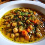 Close-up of a rich, yellow broth greek chickpea soup filled with chickpeas and diced carrots, heavily garnished with fresh dill and spices.