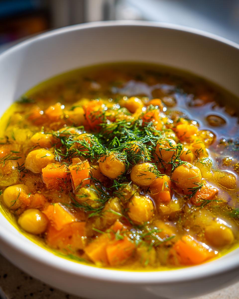 Close-up of a white bowl filled with vibrant Greek chickpea soup, featuring chickpeas, orange vegetables, and fresh dill.