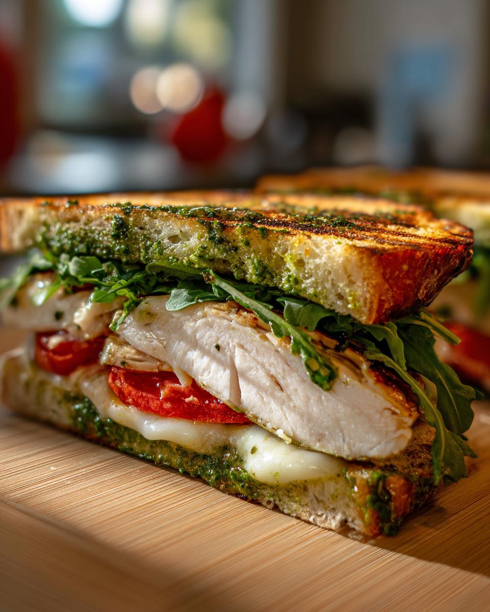 A cross-section view of a grilled chicken pesto sandwich showing thick slices of grilled chicken, melted mozzarella, tomato, and arugula on toasted bread.