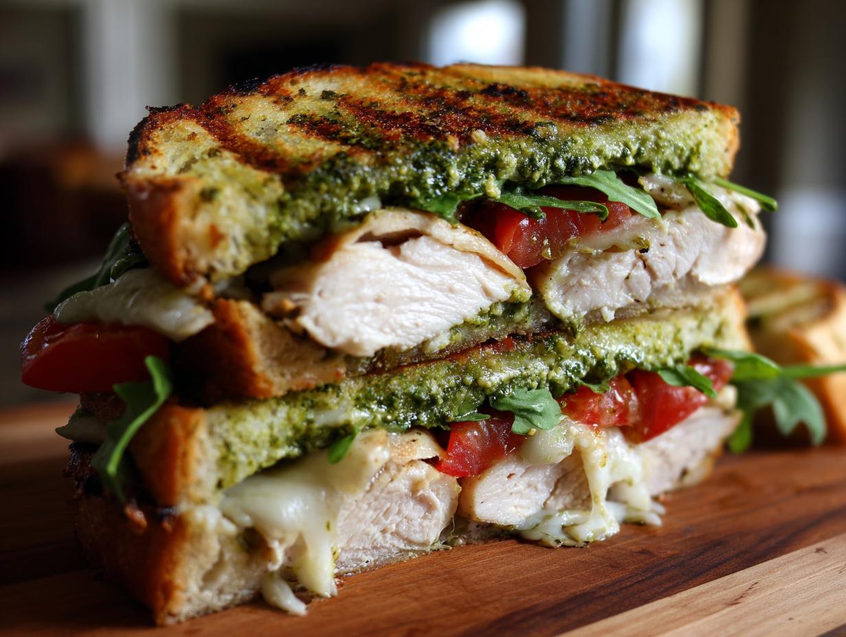 Close-up of a stacked grilled chicken pesto sandwich showing thick slices of chicken, melted cheese, tomatoes, and arugula on toasted bread.