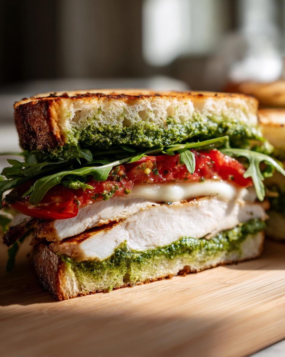 Cross-section of a grilled chicken pesto sandwich showing layers of toasted bread, bright green pesto, grilled chicken, mozzarella, tomatoes, and arugula.