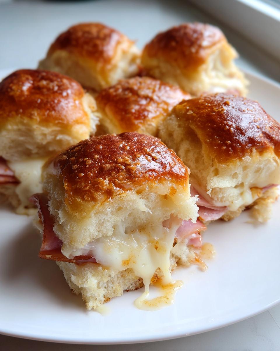 Close-up of a warm ham and cheese sliders sandwich cut open, showing melted cheese dripping out.