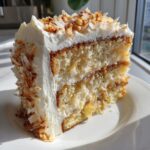 A close-up slice of moist Hawaiian wedding cake layered with frosting and topped with toasted coconut flakes.