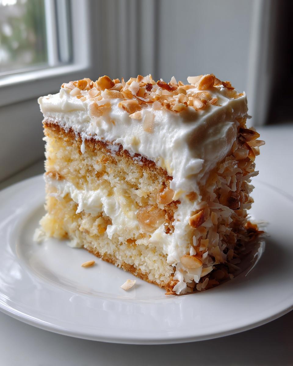 A generous slice of moist Hawaiian wedding cake layered with white frosting and covered in toasted coconut flakes.