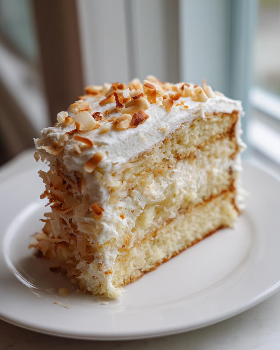 A tall, moist slice of Hawaiian wedding cake layered with white frosting and topped with toasted coconut flakes.