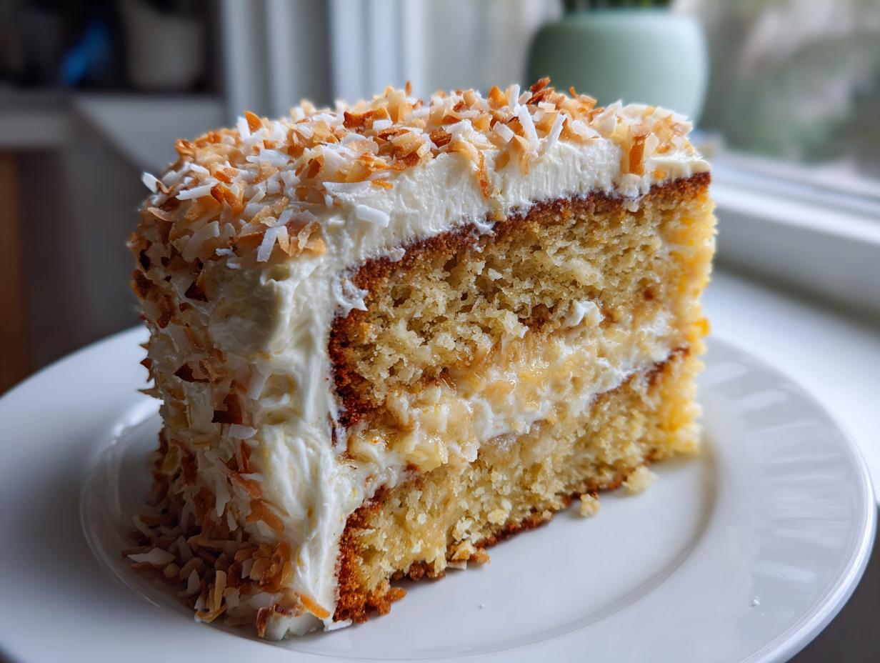 A tall slice of moist Hawaiian wedding cake layered with frosting and topped with toasted coconut flakes.