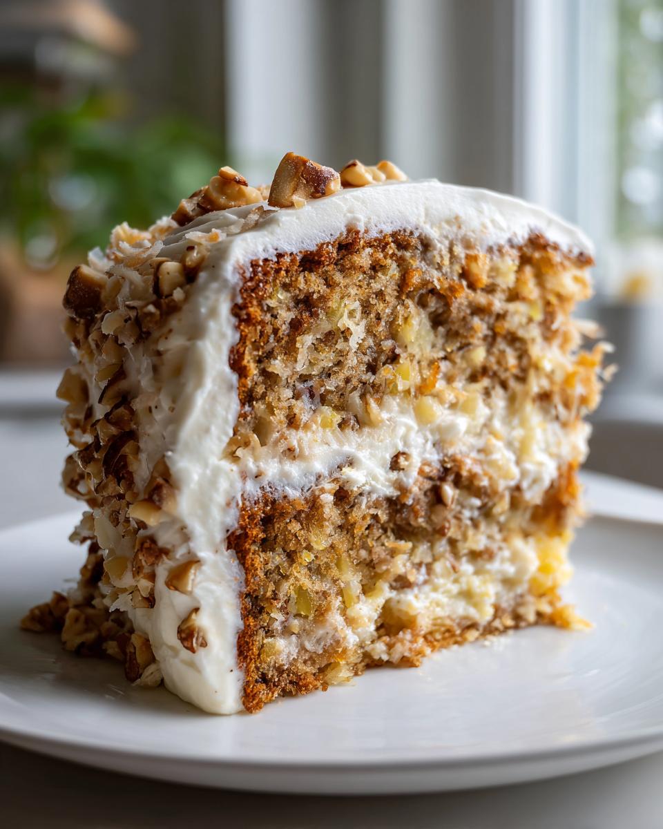 Close-up of a moist slice of Hawaiian wedding cake layered with cream cheese frosting and topped with chopped nuts.