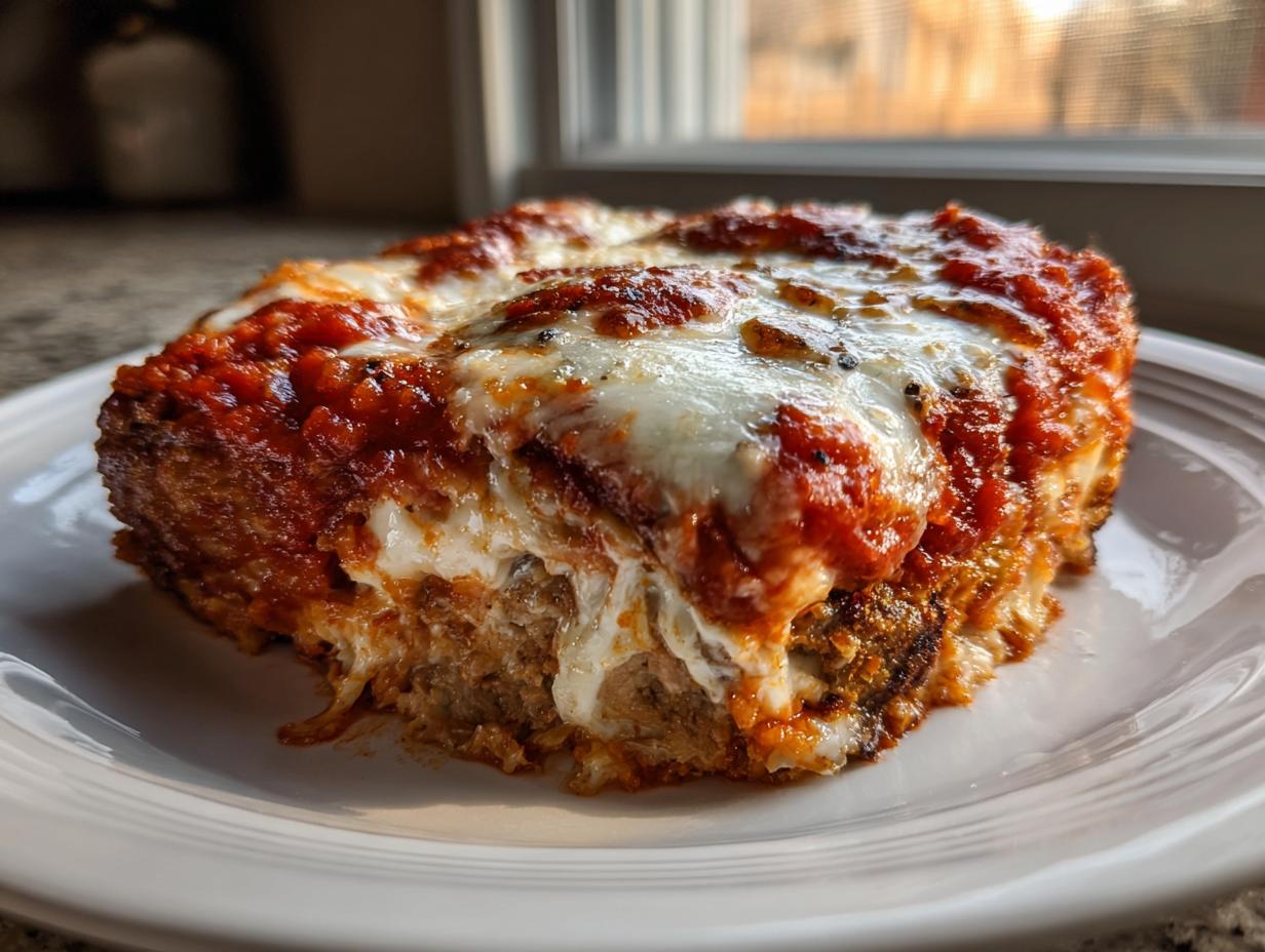 Close-up of a square serving of healthy air fryer eggplant parmesan topped with melted mozzarella and rich tomato sauce.