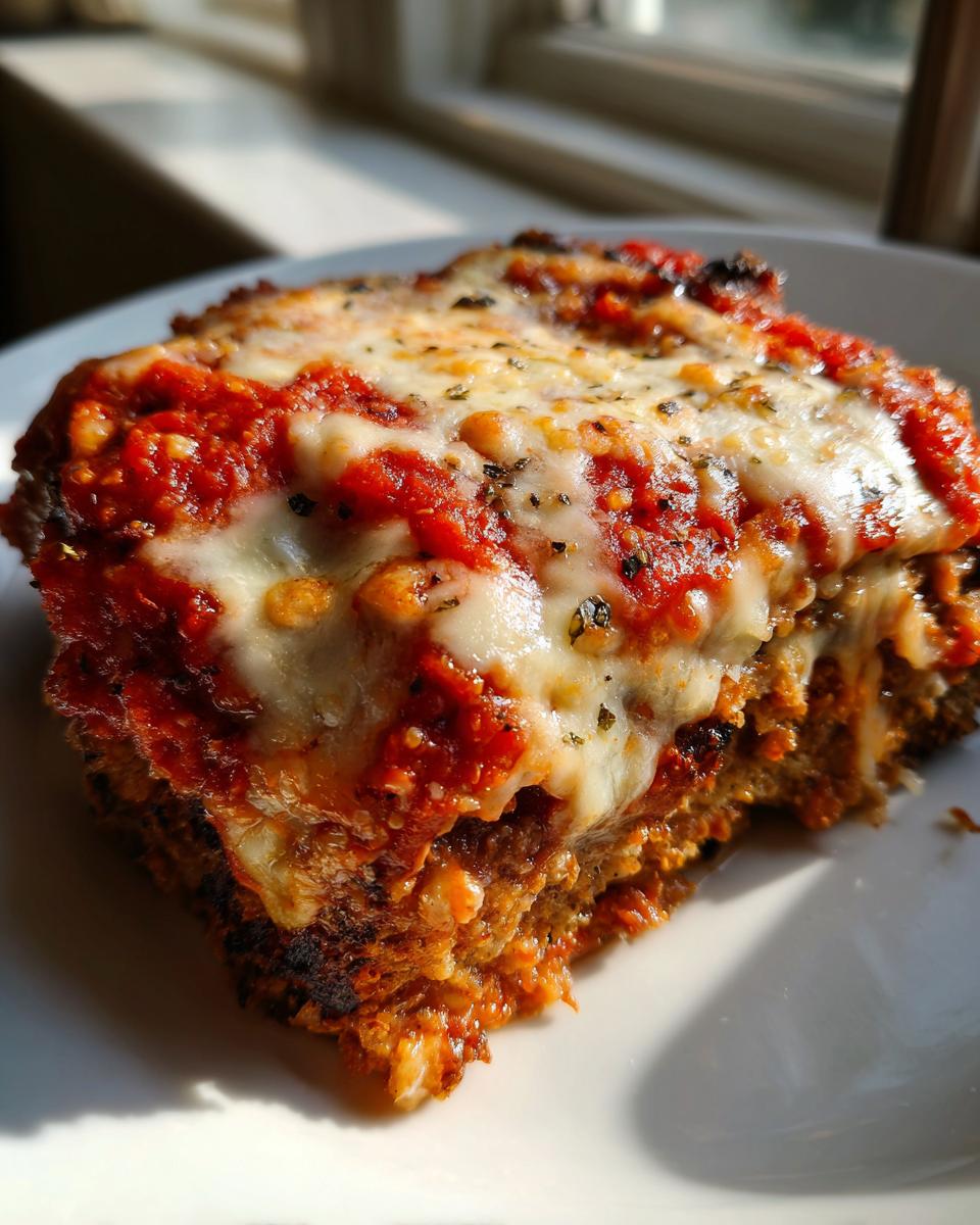 Close-up of a perfectly cooked slice of healthy air fryer eggplant parmesan with melted mozzarella and rich tomato sauce.