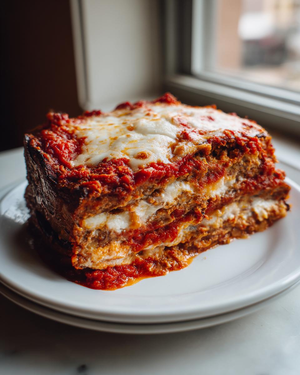 A thick, layered slice of healthy air fryer eggplant parmesan topped with melted mozzarella and marinara sauce.