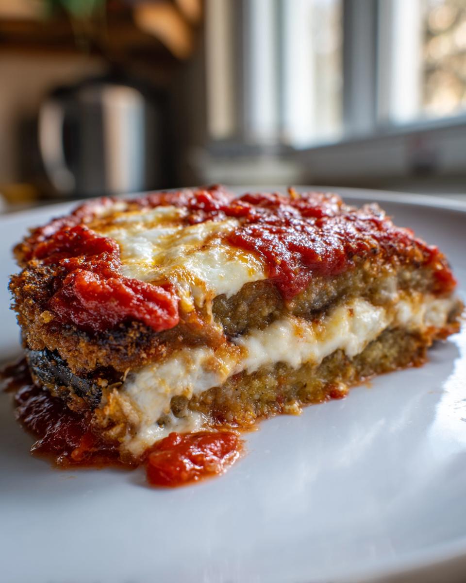 Close-up of a perfectly layered slice of healthy air fryer eggplant parmesan with melted cheese and marinara sauce.