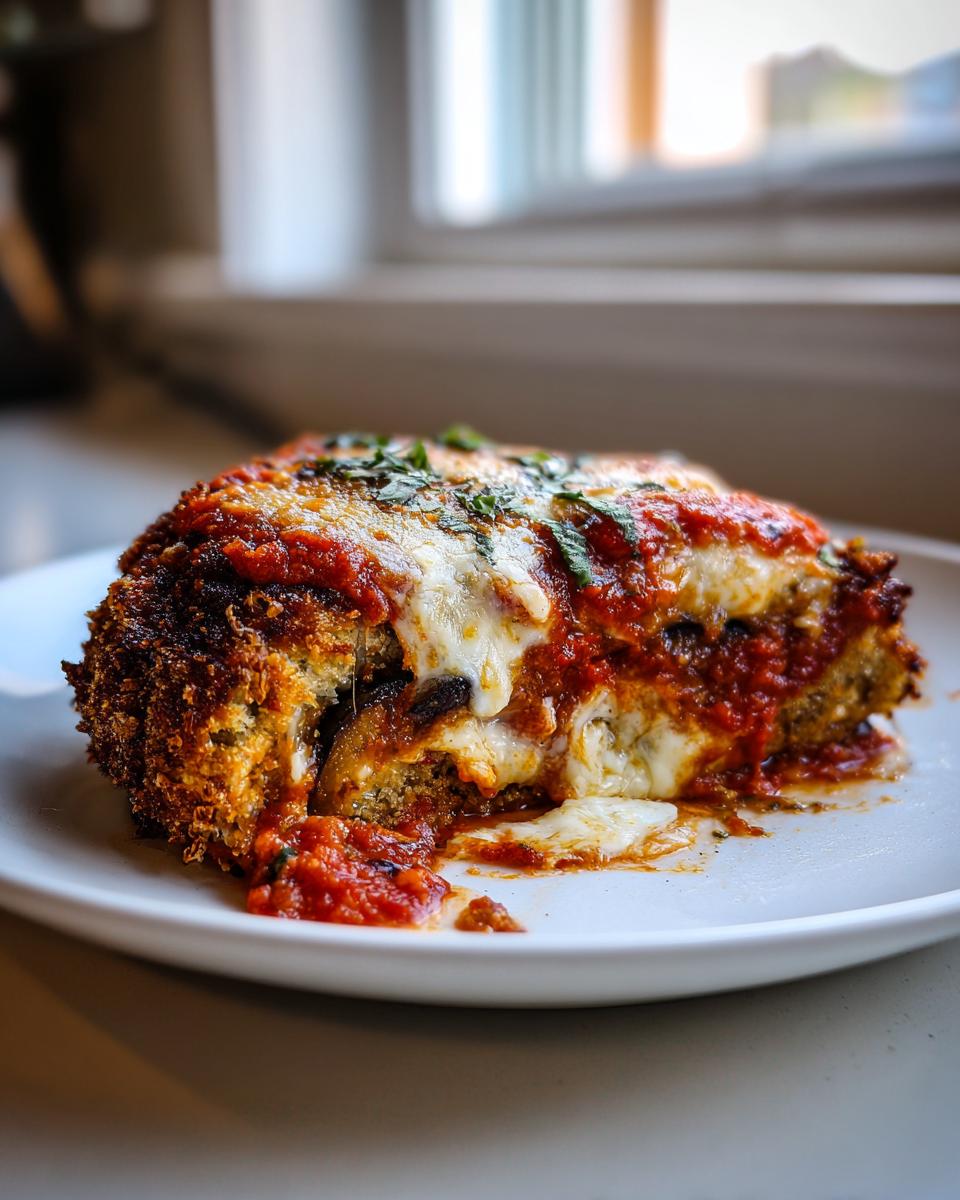 A close-up of a slice of healthy air fryer eggplant parmesan, covered in marinara sauce and melted mozzarella cheese.
