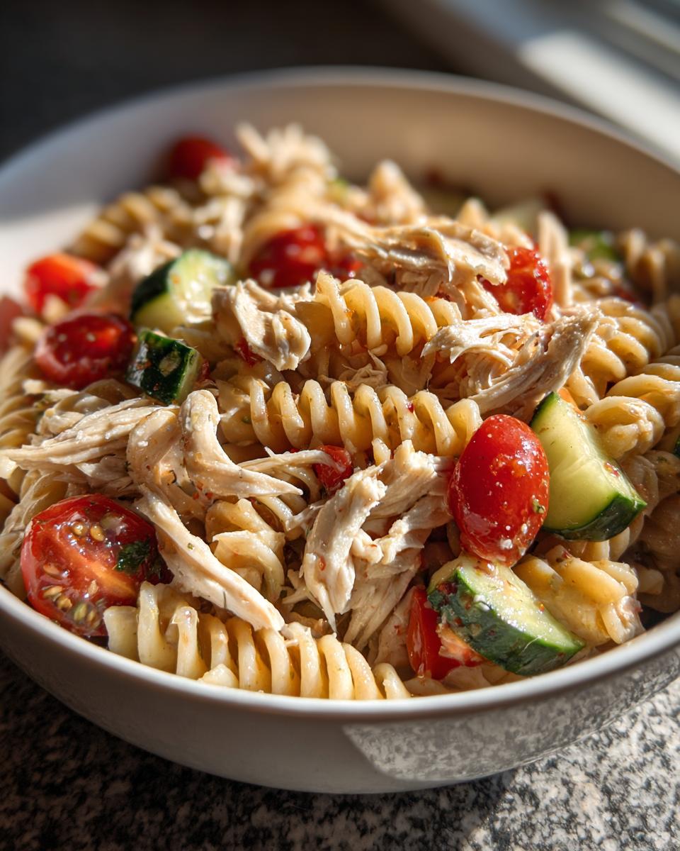 Close-up of a bowl filled with healthy chicken pasta salad featuring rotini pasta, shredded chicken, cherry tomatoes, and cucumber chunks.