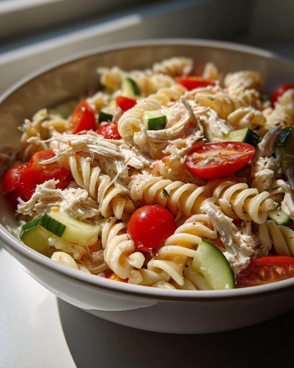 A close-up of a bowl filled with healthy chicken pasta salad featuring rotini pasta, shredded chicken, cherry tomatoes, and cucumber slices.