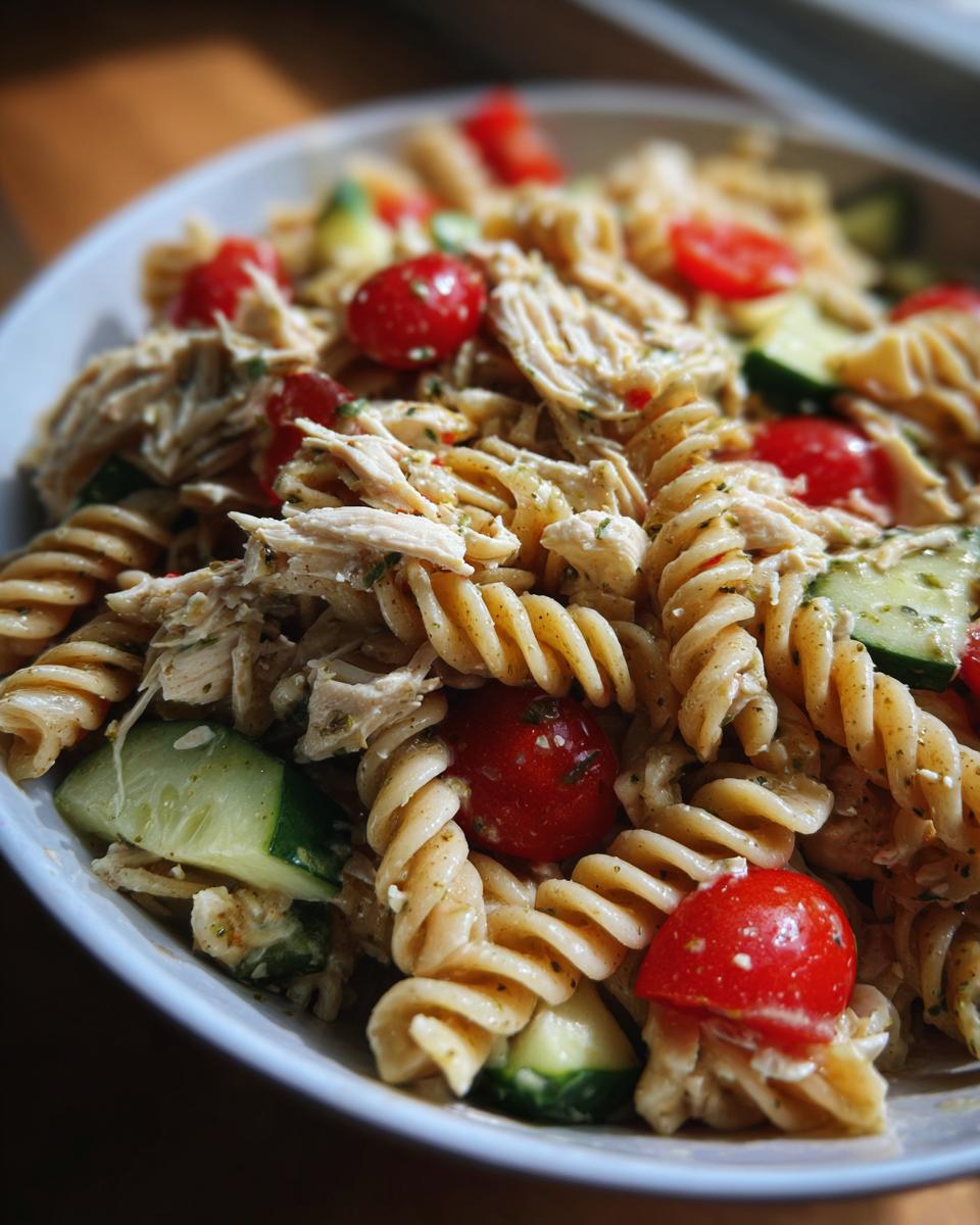 Close-up of a bowl filled with healthy chicken pasta salad featuring fusilli pasta, shredded chicken, cherry tomatoes, and cucumber slices.