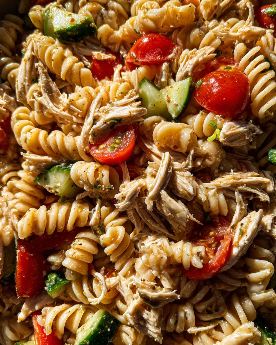 A close-up, vibrant shot of healthy chicken pasta salad featuring rotini pasta, shredded chicken, halved cherry tomatoes, and cucumber chunks.