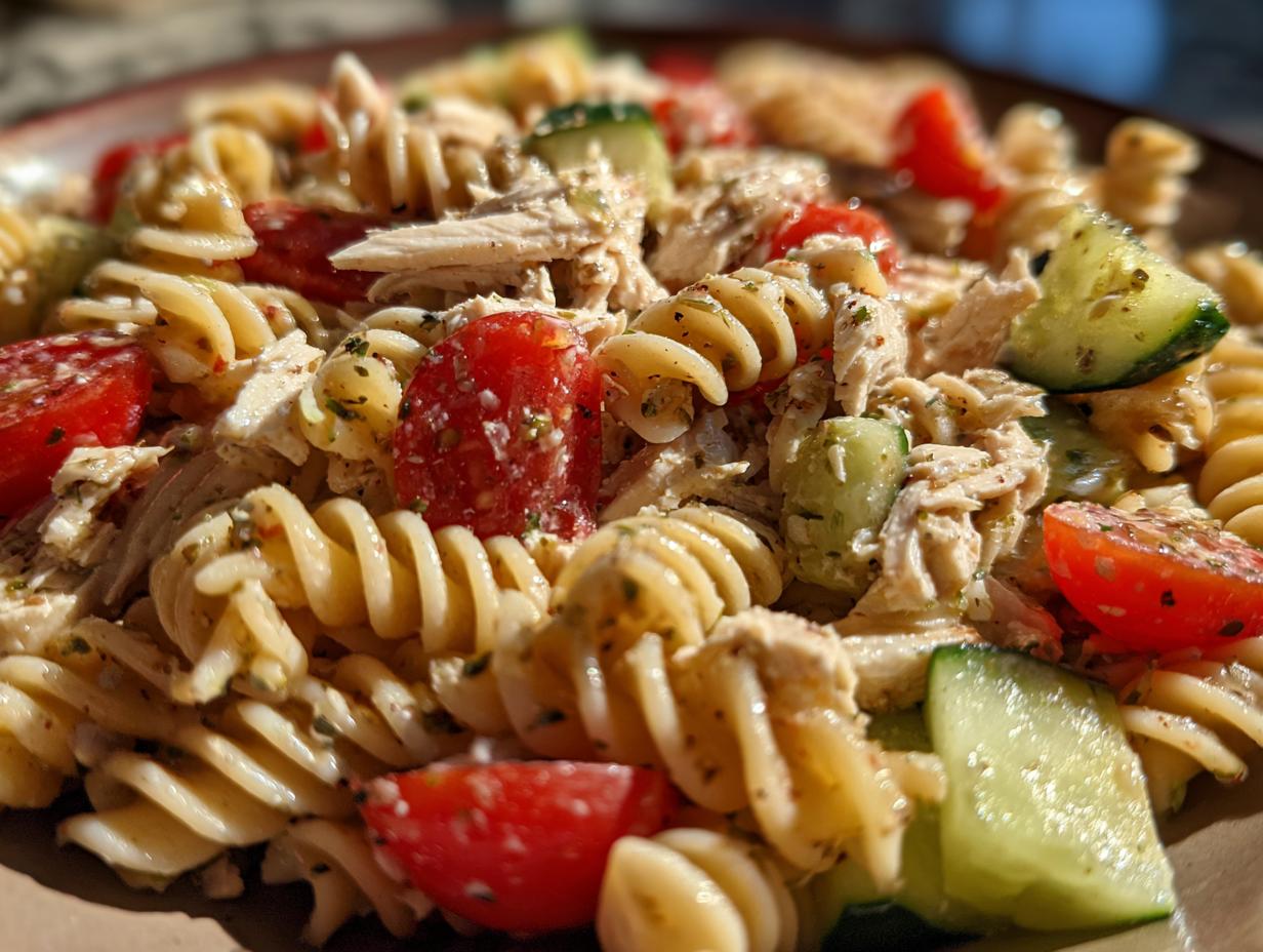 Close-up of a bowl of healthy chicken pasta salad featuring rotini pasta, shredded chicken, cucumber chunks, and halved cherry tomatoes.