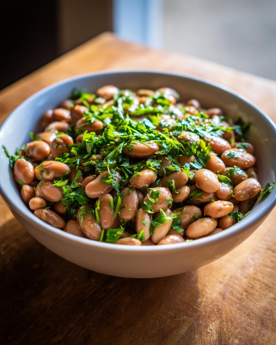 Close-up of a bowl filled with cooked healthy pinto beans garnished generously with chopped green herbs.