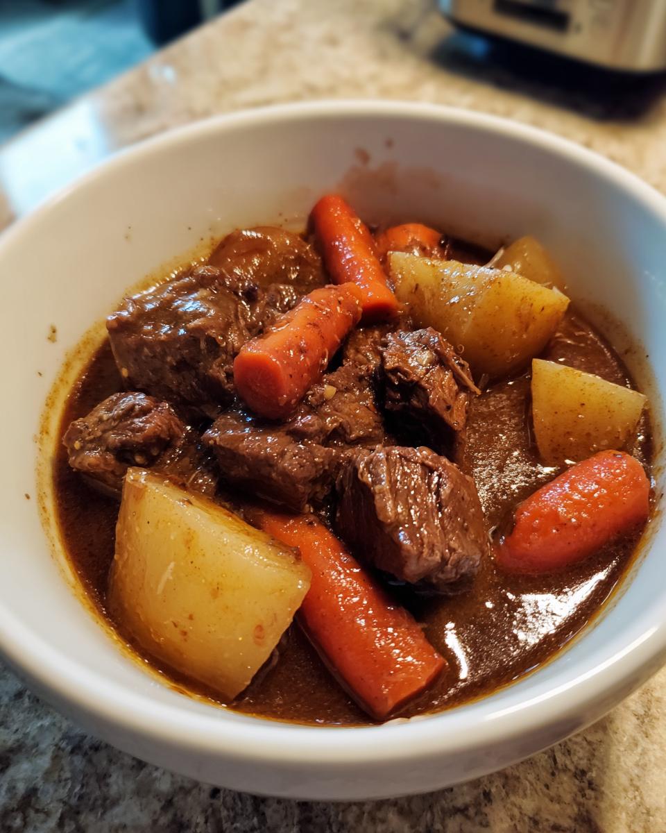 Close-up of a white bowl filled with rich, dark beef stew featuring tender chunks of beef, potatoes, and bright orange carrots.