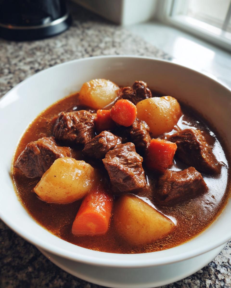 Close-up of a white bowl filled with rich, dark brown beef stew featuring chunks of tender beef, potatoes, and carrots.
