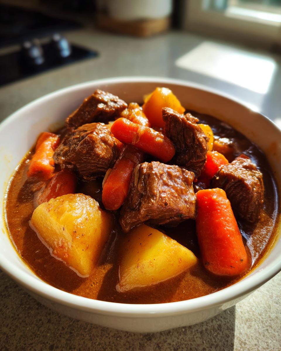 Close-up of a white bowl filled with rich, dark beef stew chunks, bright orange carrots, and yellow potatoes.