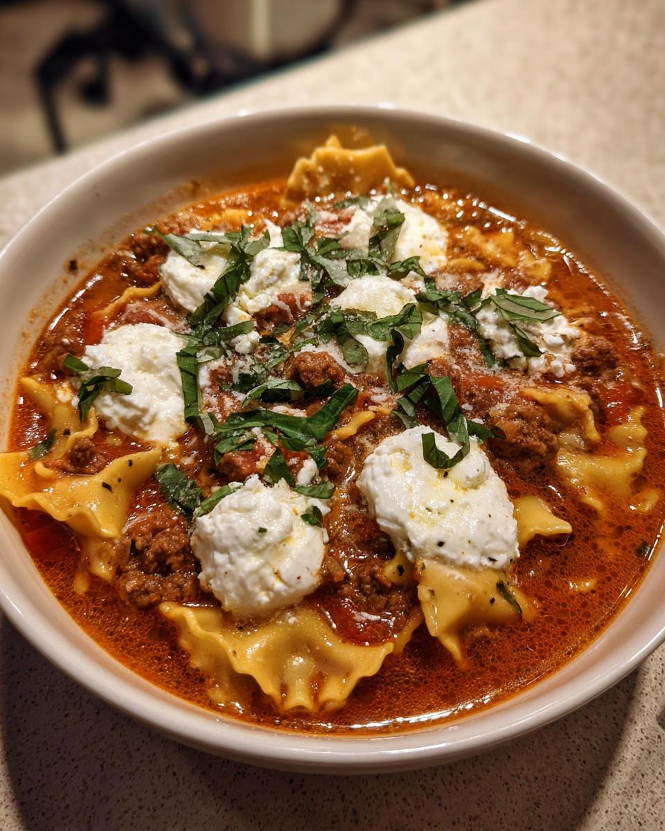 Close-up of a hearty bowl of lasagna soup featuring pasta, rich meat sauce, dollops of ricotta cheese, and fresh basil.