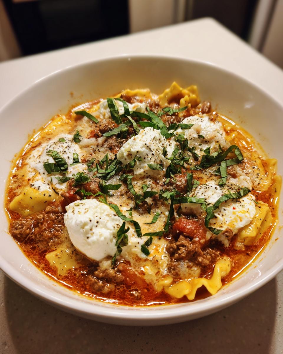Close-up of a hearty bowl of lasagna soup featuring meat sauce, pasta pieces, dollops of ricotta cheese, and fresh basil.