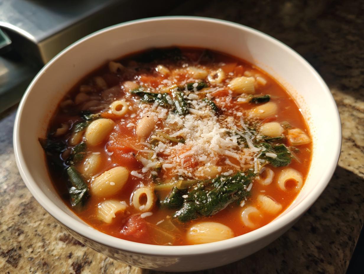 A close-up view of a steaming bowl of minestrone soup, featuring pasta, white beans, tomatoes, greens, and topped with grated Parmesan cheese.