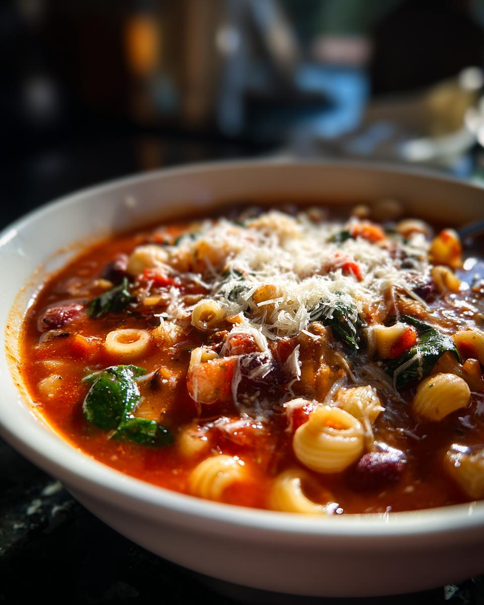 Close-up of a steaming bowl of rich tomato-based minestrone soup topped with grated Parmesan cheese.