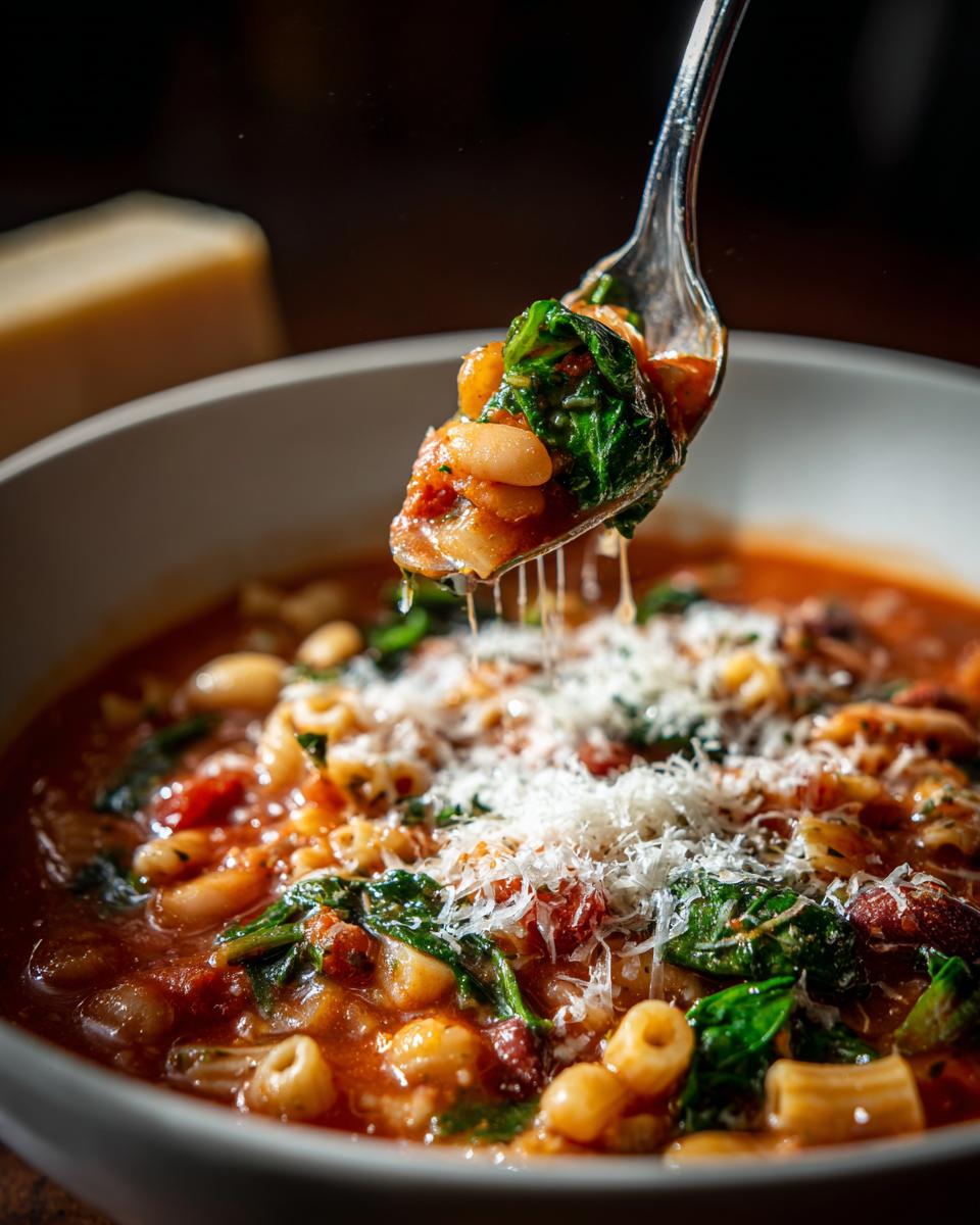 A spoonful of hearty minestrone soup, featuring beans and spinach, being lifted from a bowl topped with grated Parmesan cheese.