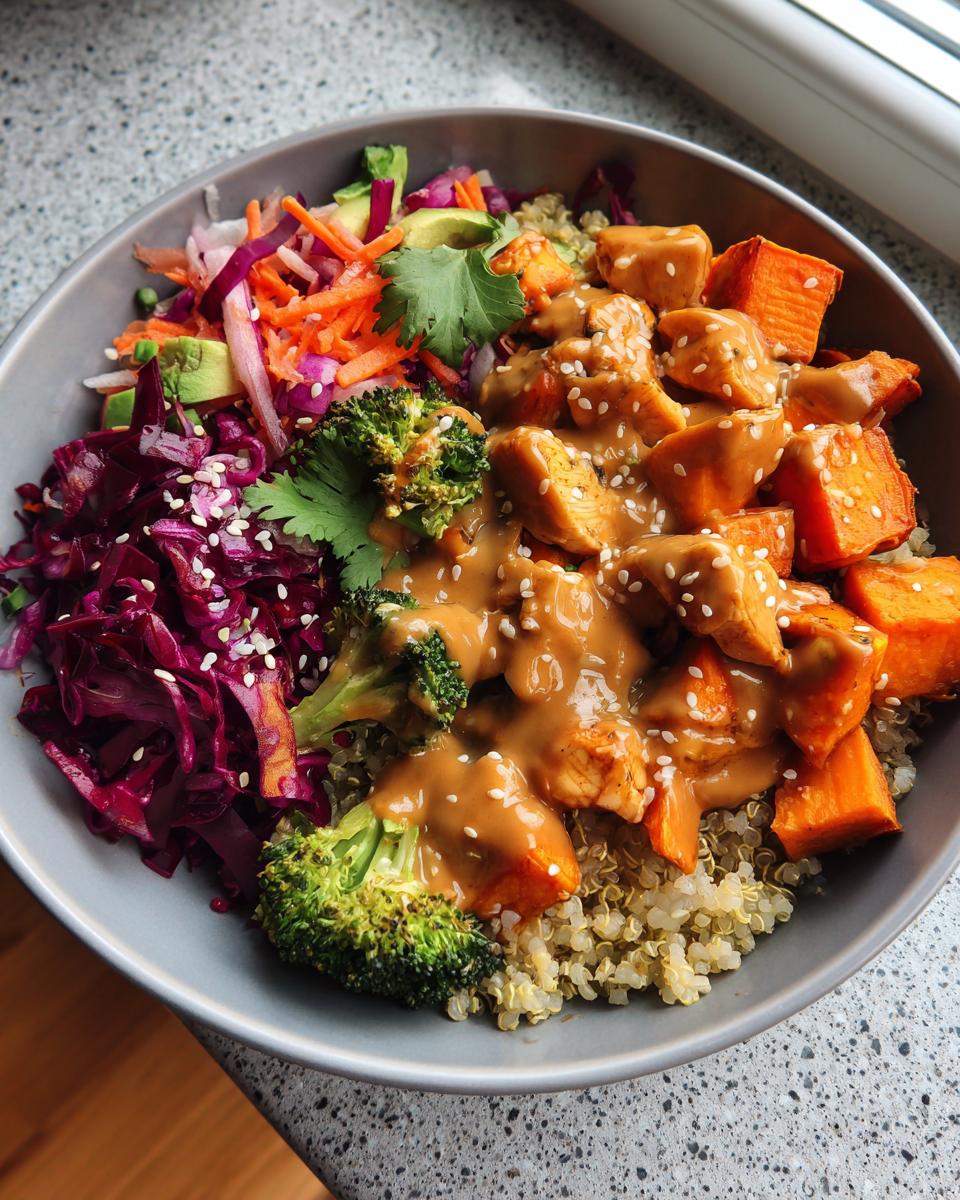 Overhead view of a vibrant buddha bowl featuring quinoa, chicken, sweet potatoes, broccoli, and peanut sauce.