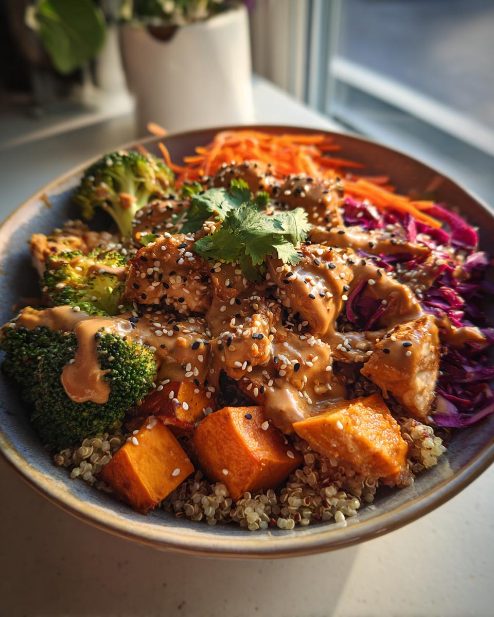 Close-up of a vibrant buddha bowl featuring quinoa, sweet potato, broccoli, tofu, and a generous peanut sauce drizzle, topped with sesame seeds.