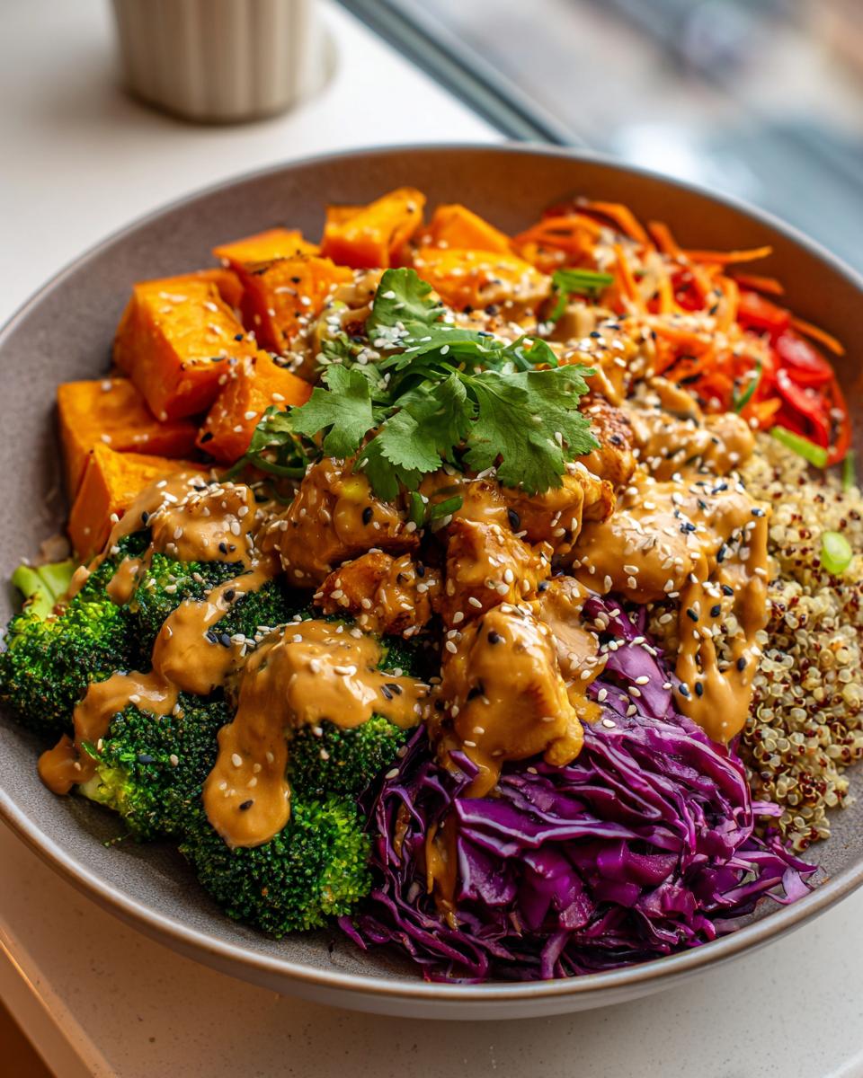 Close-up of a vibrant buddha bowl featuring tofu, broccoli, sweet potatoes, red cabbage, quinoa, and peanut sauce.