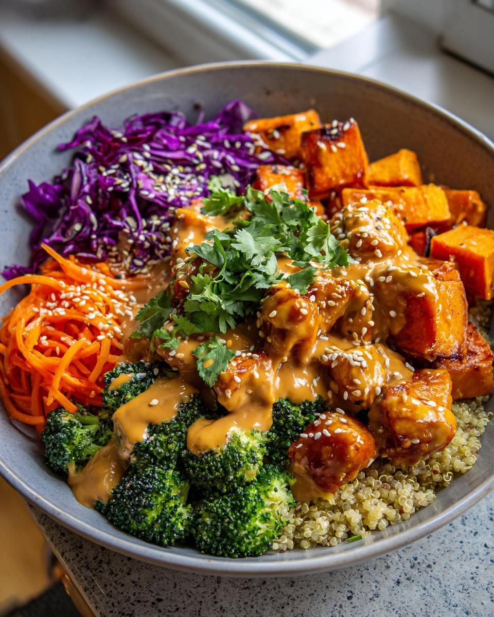 Close-up of a vibrant buddha bowl featuring quinoa, broccoli, roasted sweet potatoes, and tofu covered in peanut sauce.
