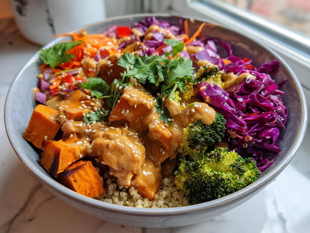 A vibrant, colorful buddha bowl featuring quinoa, roasted sweet potatoes, broccoli, and tofu covered in peanut sauce.