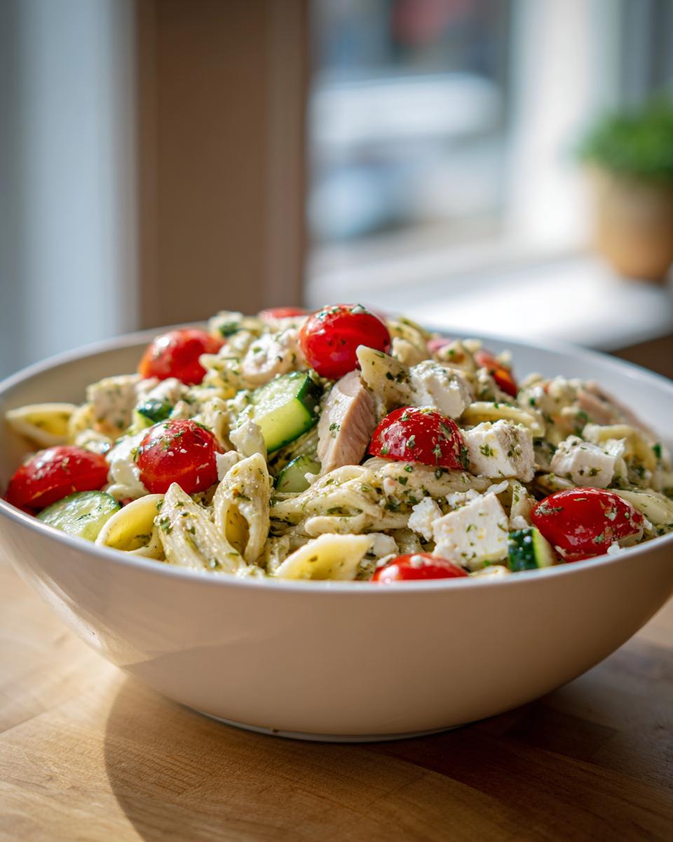 A large white bowl filled with high protein greek pasta salad featuring penne, cherry tomatoes, cucumber, feta, and chicken.