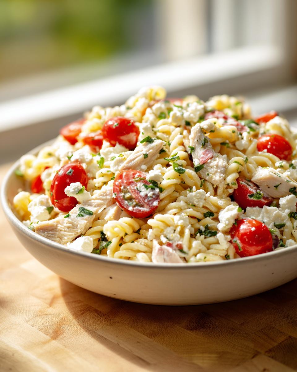 Close-up of a bowl filled with high protein greek pasta salad featuring fusilli pasta, chunks of chicken, halved cherry tomatoes, and feta cheese.