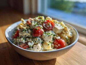 Close-up of a white bowl filled with high protein greek pasta salad, featuring chicken, cherry tomatoes, and herbs.