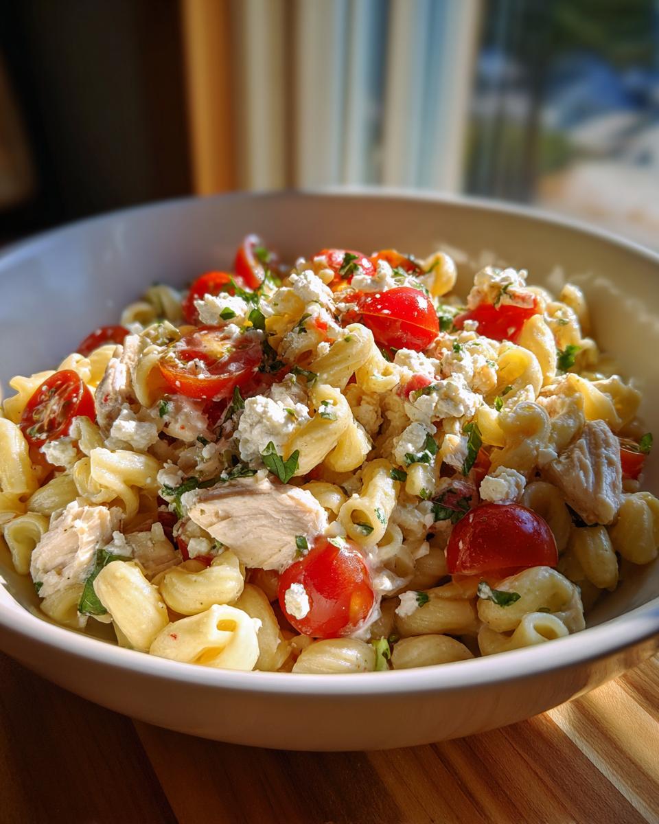 A close-up of a bowl filled with high protein greek pasta salad featuring pasta, chunks of chicken, cherry tomatoes, and feta cheese.