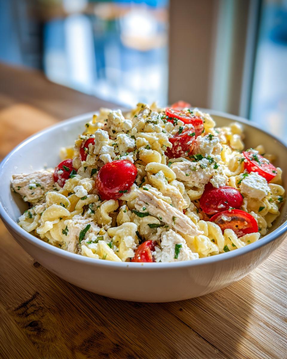 Close-up of a bowl filled with high protein greek pasta salad featuring pasta, chicken pieces, cherry tomatoes, and crumbled feta cheese.