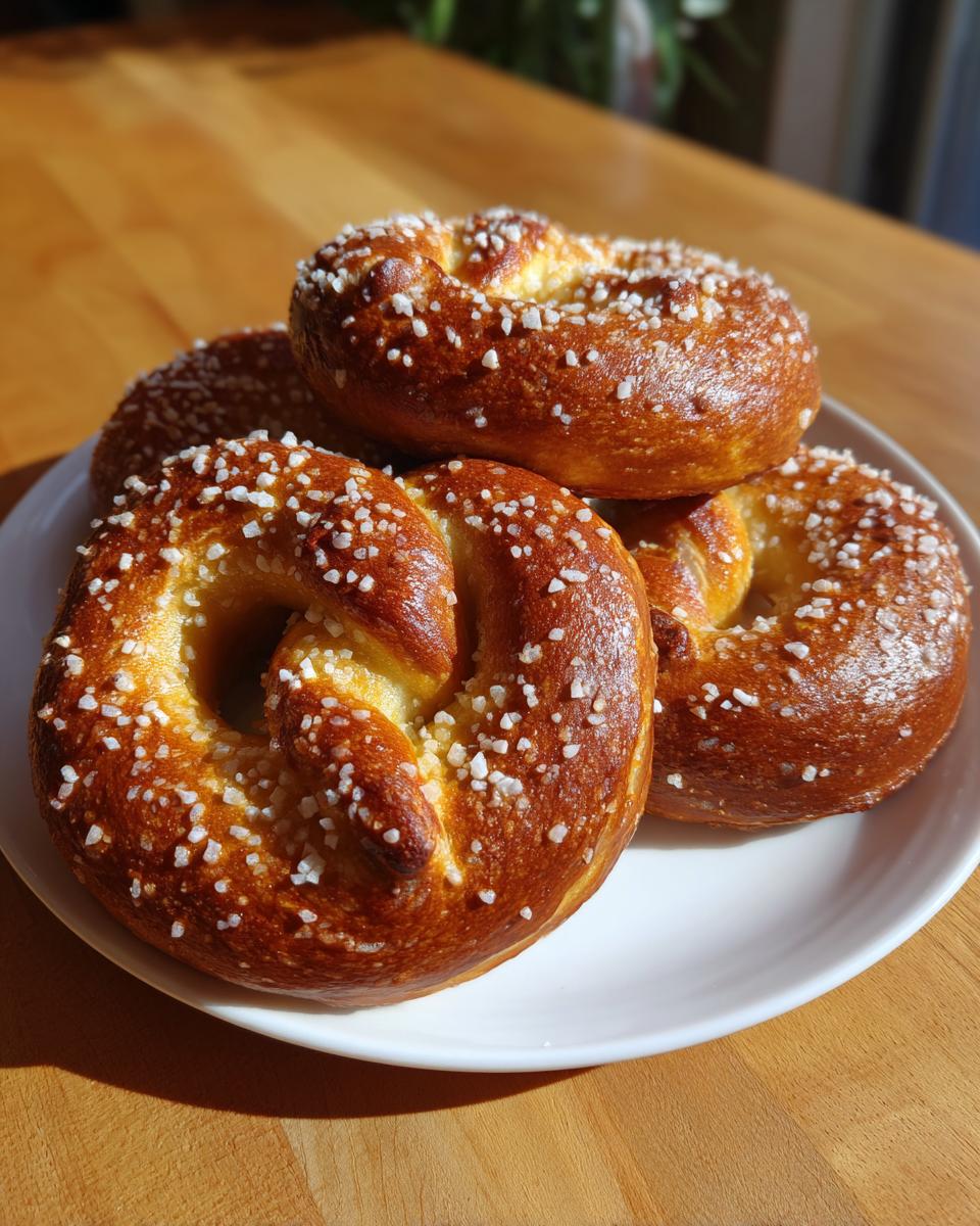 Four golden brown, freshly baked high-protein high-fiber pretzels topped with coarse salt on a white plate.