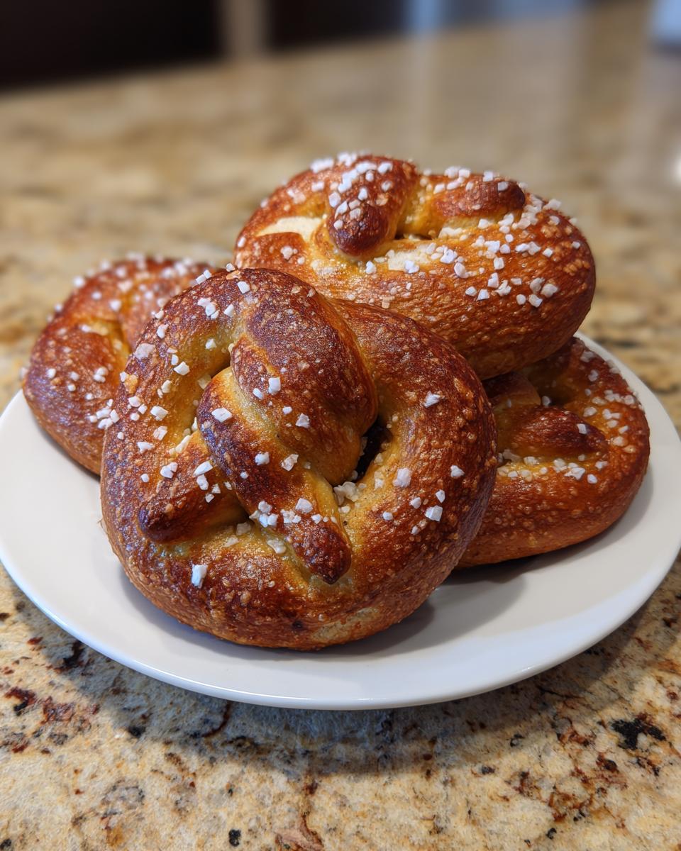 Four golden-brown, freshly baked high-protein high-fiber pretzels topped with coarse salt, stacked on a white plate.